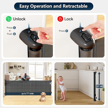 Bulubaky Extra Tall Safety Retractable Baby Gate Adjustable Wide Retractable Dog Gate Mesh Baby Gate Child Gate for Doorway, Hallway, Stair Gates for Kids or Pets (Black, 33" Tall x 71")