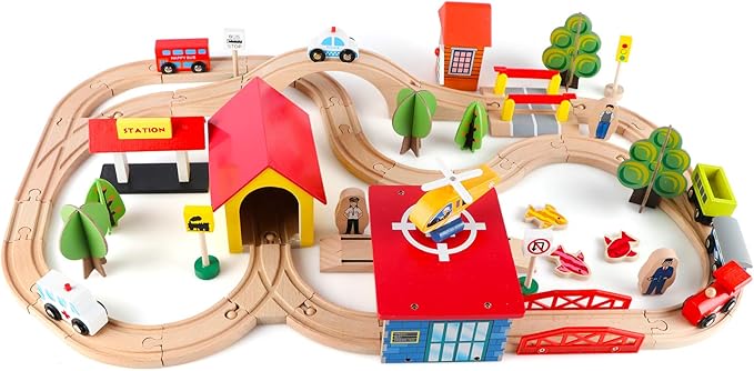 Qilay 69 PCS Wooden Train Set -Premium Wood Train Tracks & Trains Toys for Toddlers 3,4 5 Years