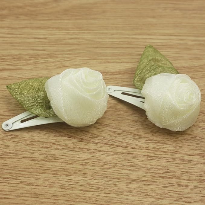 Off white Organza Rose Flower Snap Clips for little Girls -2Pcs