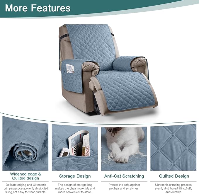 Ruaozz 100% Waterproof Recliner Chair Cover Non-Slip Oversized Reclining Cover for Large Recliner Chair Washable Chair Seat Cover with Elastic Straps for Kids, Dogs, Pets (Pastel Blue, 28'')