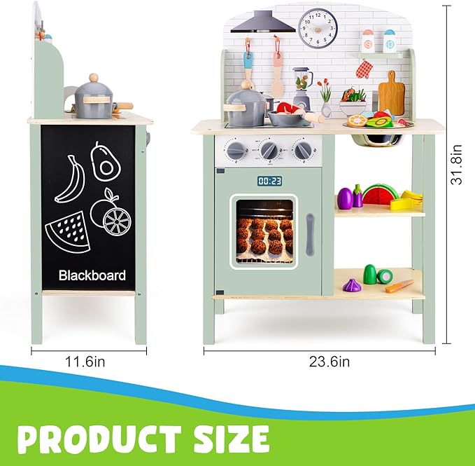 Wooden Play Kitchen for Kids, Kids Children Pretend Toy Kitchen Playset, Toys Kitchen with Realistic 24 Pieces Toy Accessory, Cutting Play Food Toys Gifts for Ages 3-8 Girls Boys