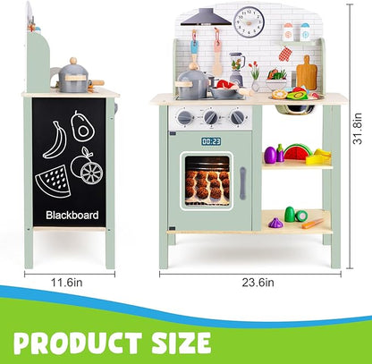 Wooden Play Kitchen for Kids, Kids Children Pretend Toy Kitchen Playset, Toys Kitchen with Realistic 24 Pieces Toy Accessory, Cutting Play Food Toys Gifts for Ages 3-8 Girls Boys