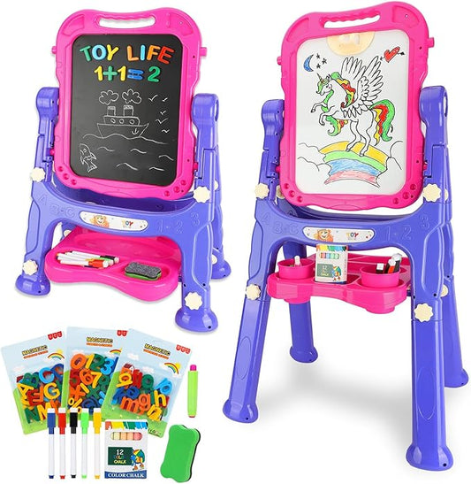 STEAM Life Art Easel for Kids, Double-Sided 4In1 Toddler Easel with Rotable Magnetic Chalkboard & White Drawing Board, Height Adjustable with Magnetic Letters & Numbers Gifts for Boys and Girls