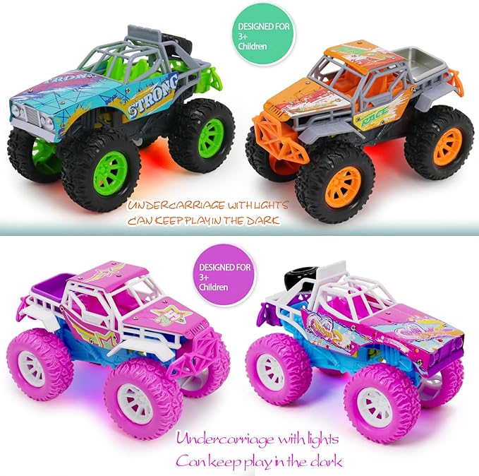 Pink Toys Car for Toddler Girl, 2 Pack 6.3 Inch Push and Go Vehicle Monster Toy Trucks for 3 4 5 6 Year Old Kids Gifts