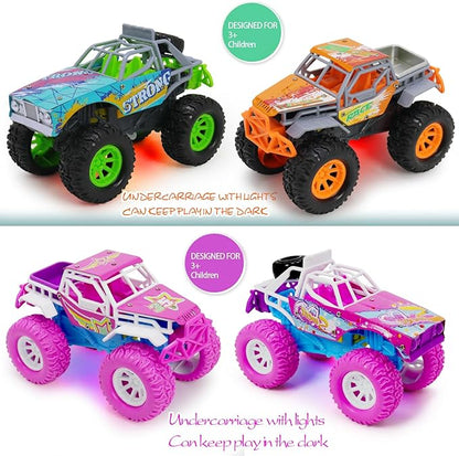 Pink Toys Car for Toddler Girl, 2 Pack 6.3 Inch Push and Go Vehicle Monster Toy Trucks for 3 4 5 6 Year Old Kids Gifts