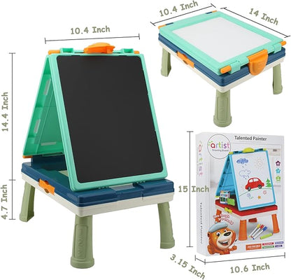 Table Art Easel for Kids, Double Sided Foldable Tabletop Drawing Easels Chalkboard Desk with Graffiti and Board Game Accessories Supplies for Boys and Girls (Blue)