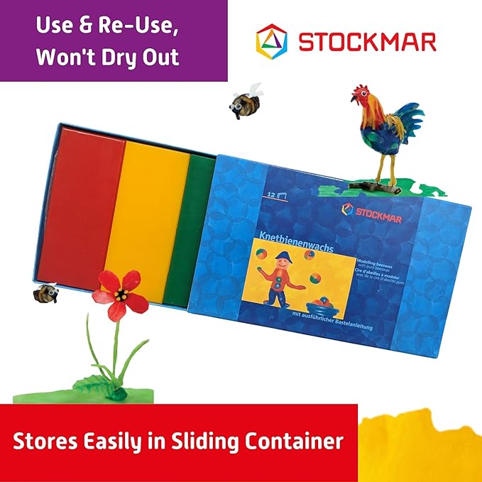 Stockmar Modelling Beeswax - 12 Beeswax Sheets of Assorted Colors - for Kids, Artists Looking for Waldorf Art Supplies, Non Toxic Beeswax, Non Drying Beeswax Modeling Wax for Homeschoolers