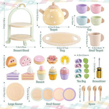 Wooden Tea Party Set for Little Girls Toddler Tea Set with Cupcake Stand & Food Dessert, Play Kitchen Accessories for Toddlers 2 3 4 5 6 Years Old, Wooden Toys Birthday Kids Girls Gifts 3-6