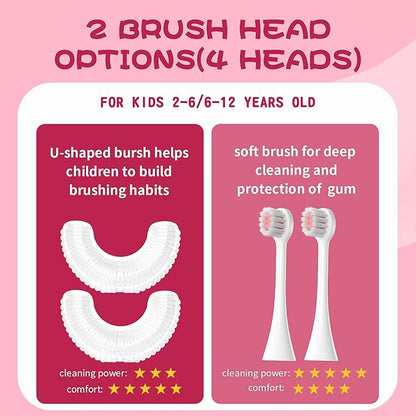 Kids U Shaped Electric Toothbrush with 4 Brush Heads, Sonic Toothbrush Kids with 5 Modes, Cartoon Dinosaur 360-Degree Cleaning IPX7 Waterproof Design (2-6 Age (Pink))