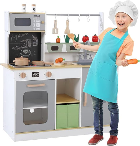 Wooden Farm & Kitchen Playset with Cookware Accessories - Kids Chef Pretend Play Set Featuring Ice Maker, Chalkboard, and Planter Area