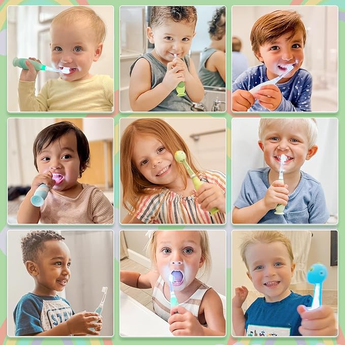 Papablic Toddler Sonic Electric Toothbrush for Ages 1-3 Years, Baby Electric Toothbrush with Cute Dino Cover and Smart LED Timer, 4 Brush Heads (Max)