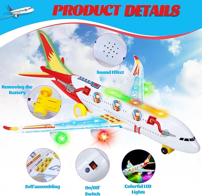 Airplane Toys for Toddlers with DIY Stickers, Toy Airplanes with Flashing Lights & Music & Sounds |Bump and Go Plane 3-7 8 9Years Old