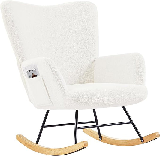 VECELO Rocking Chair, Modern Upholstered Teddy Fabric Nursery Glider with Padded Seat, High Backrest, Armchair and Pocket for Living Room Bedroom Balcony Offices