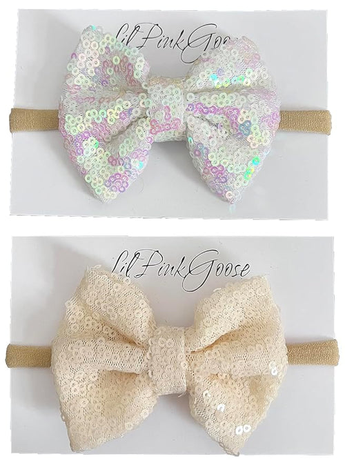 Baby Girls Neon Glitter Sequins Bow Headbands for Newborn to 1 Year Up Toddlers (Iridescent Whtie,Ivory 1 Year