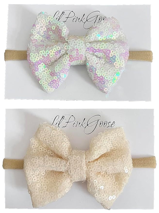 Baby Girls Neon Glitter Sequins Bow Headbands for Newborn to 1 Year Up Toddlers (Iridescent Whtie,Ivory 1 Year