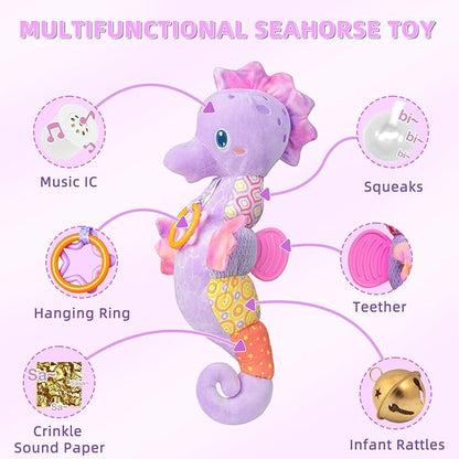 Baby Toys 0-6 Months,Infant Musical Seahorse Stuffed Animals Sensory Toys with Bright Colors 0-12 Months-Purple