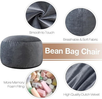 Large Bean Bag Chair: 3 ft Memory Foam Bean Bag Chairs for Adults/Kids,Bean Bag Chair with Fillings,Soft Faux Fur Fabric - Dutch Velvet, Grey, 3 Foot