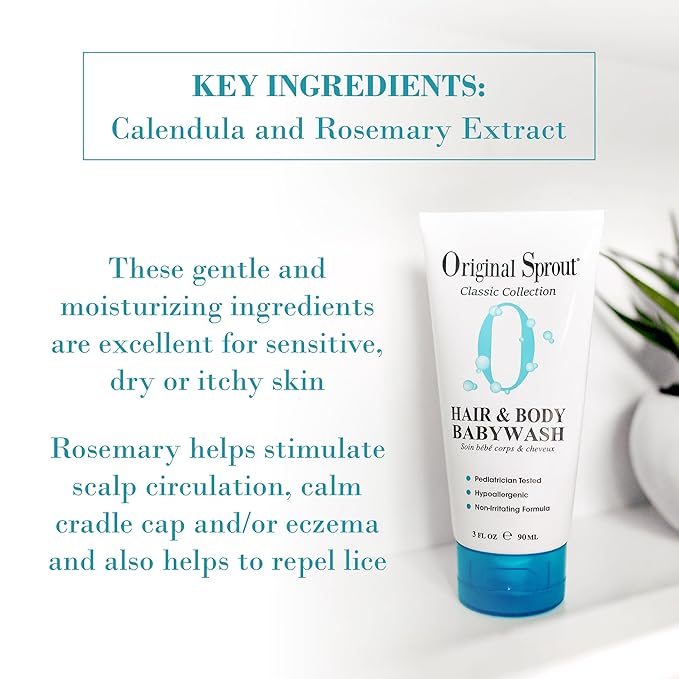 Original Sprout Baby Shampoo and Body Wash, Hypoallergenic Formula with Organic Calendula & Rosemary for Sensitive Hair & Skin 3 oz.