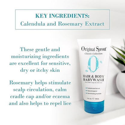 Original Sprout Baby Shampoo and Body Wash, Hypoallergenic Formula with Organic Calendula & Rosemary for Sensitive Hair & Skin 3 oz.