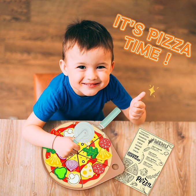 Wooden Pizza Toy Cutting Play Food，26Pcs Pizza Toys for Kids Ages 3-5，Kids Pizza Playset Pretend Play Kitchen Accessories，Play Pizza Set for Kids Wood Cooking Toys Birthday