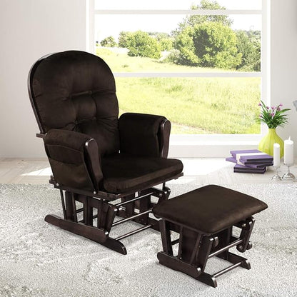 Costzon Nursery Glider with Ottoman, Upholstered Comfort Glider Rocker with Padded Cushion, Storage Pocket, Solid Wood Base, Rocking Chair Nursery for Breastfeeding, Maternity, Napping (Brown)