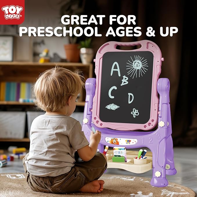 TOY Life Easel for Kids Art Easel for Toddler Easel - 4in1 Double-Sided Large Magnetic Board Kids Chalkboard Easel Drawing White Board for Kids Magnetic Letters & Numbers Pink Easel for Girls