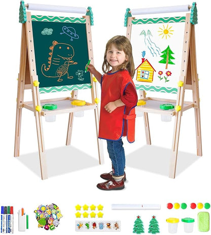 Wooden Art Easel for Kids with Paper Roll Height Adjustable Standing Easel Double-Sided Easel with Whiteboard Chalkboard Storage Tray Painting Accessories Gift for Boys Girls Toddler Ages 3+