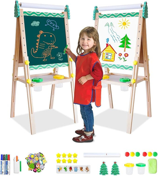 Wooden Art Easel for Kids with Paper Roll Height Adjustable Standing Easel Double-Sided Easel with Whiteboard Chalkboard Storage Tray Painting Accessories Gift for Boys Girls Toddler Ages 3+