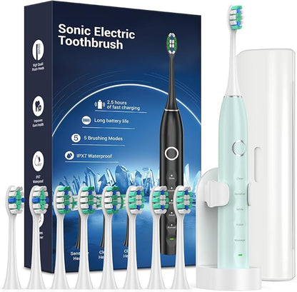Rtauys S5 Sonic Electric Toothbrush for Adults with 8 Brush Heads, IPX7 Travel Electric Toothbrush with Travel Case, 2.5 Hours Charge for 120 Days, 5 Modes with 2 Minutes Built in Smart Timer Green