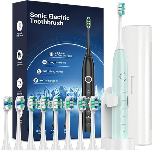 Rtauys S5 Sonic Electric Toothbrush for Adults with 8 Brush Heads, IPX7 Travel Electric Toothbrush with Travel Case, 2.5 Hours Charge for 120 Days, 5 Modes with 2 Minutes Built in Smart Timer Green
