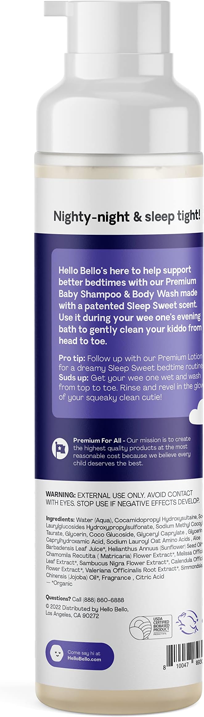 Hello Bello Nighttime Shampoo & Body Wash - Gentle Hypoallergenic Tear-Free Formula for Babies and Kids 10 fl
