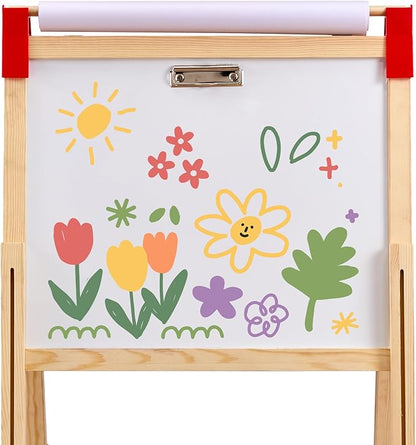 VEVOR Art Easel for Kids, 3-in-1 Wooden Double-Sided Kid's Art Easel with Magnetic Whiteboard, Chalkboard & Paper Roll, Adjustable Standing Drawing Board with Painting Accessories for Boys and Girls