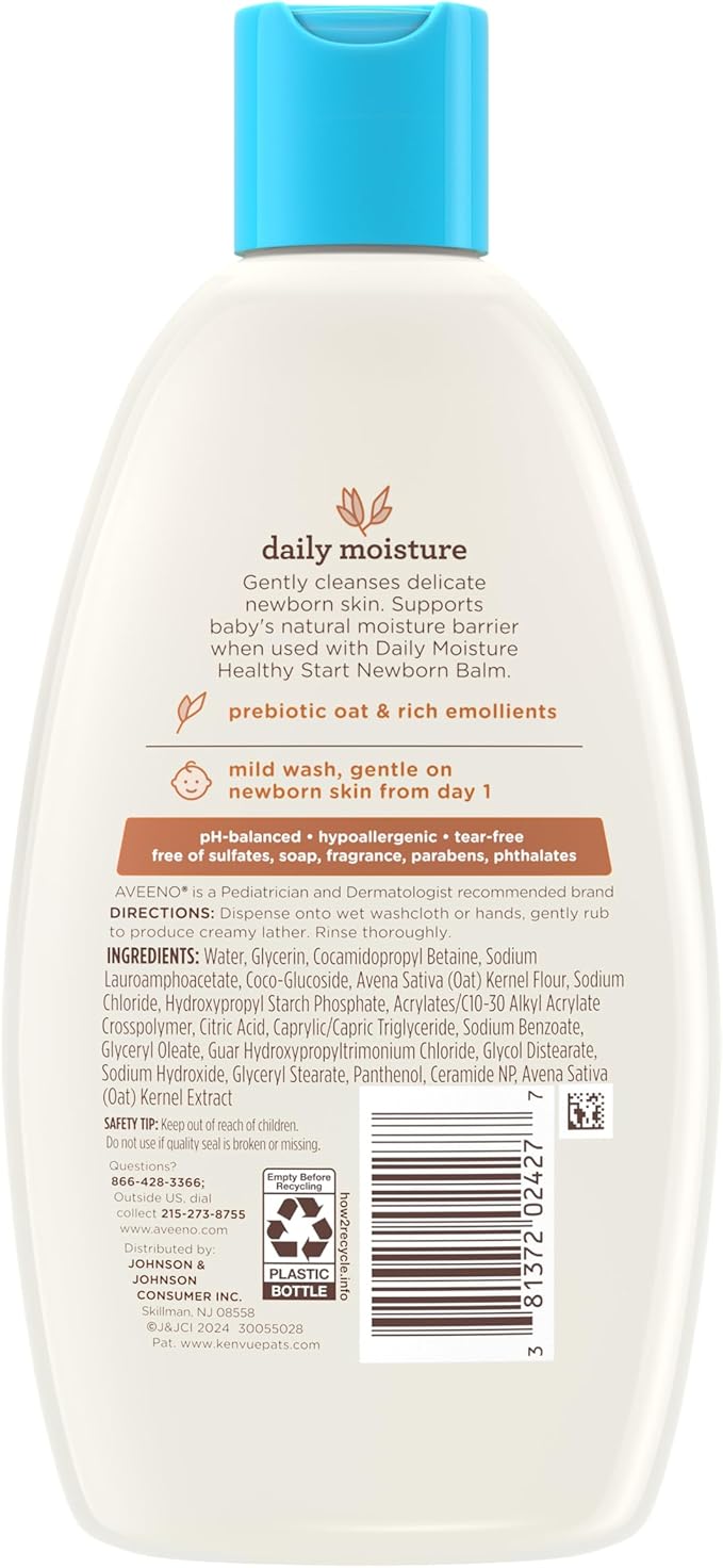 Aveeno Baby Healthy Start Nourishing Newborn Wash, Hypoallergenic Baby Body Wash with Prebiotic Oat Gently Cleanses Delicate Newborn Skin 8 fl.