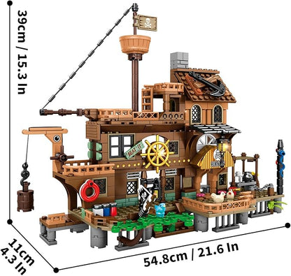 RiceBlock Pirate Ship Building Toys, Pirate Wharf Themed City Store Building Bricks Sets for Boys Age 8-12, 573 Pieces, Ideal for New Year 2024
