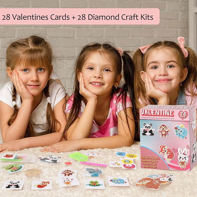 Valentines Day Cards for Kids - 28pcs Diamond Animal Craft Kits Valentines Cards, Kids Valentines Day Cards with 7 Different Gem Stickers for School Classroom Valentine's Gifts Exchange Decorations