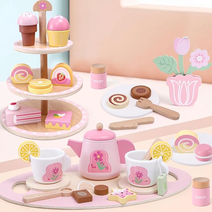 Wooden Tea Party Set for Toddler Girls Toys Gift with Cupcake Stand & Tray & Flower & Dessert, Kids Pretend Play Kitchen Accessories Christmas Birthday Gifts for 3 4 5 6 Years Old Little Girl