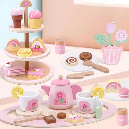 Wooden Tea Party Set for Toddler Girls Toys Gift with Cupcake Stand & Tray & Flower & Dessert, Kids Pretend Play Kitchen Accessories Christmas Birthday Gifts for 3 4 5 6 Years Old Little Girl