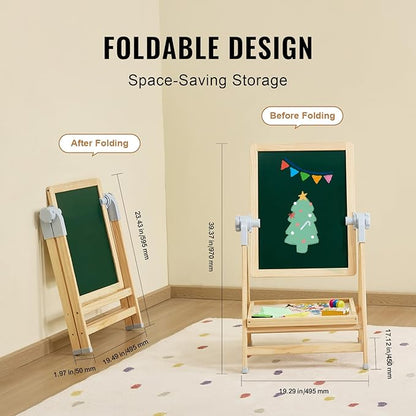 VEVOR Art Easel for Kids, 2-in-1 Wooden Double-Sided Kid's Art Easel with Magnetic Whiteboard & Chalkboard, Adjustable Standing Rotatable Foldable Drawing Board with Painting Accessories for Boy Girl