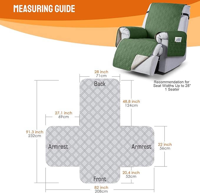 VANSOFY 100% Waterproof Recliner Chair Covers, Recliner Cover Non-Slip Dog Chair Cover Furniture Protector Washable Slipcover with Pocket, Elastic Straps for Pets, Dogs(Vine Green, 28")
