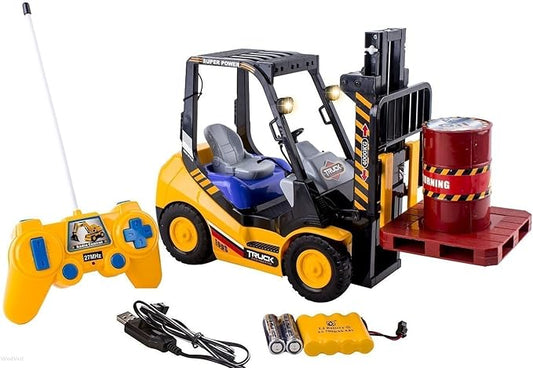 WolVolk 6-Channel Electric Remote Control Forklift - Functional RC Lighted Fork Lift Toy w/Pallet, Barrel