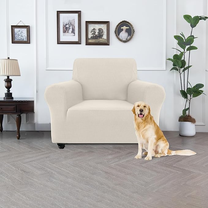 100% Waterproof Jacquard Fabric Couch Cover, Dual Layer with TPU Film, Leakproof High Elasticity Non-Slip Washable Furniture Protector for Pets, Dogs, Cats and Kids (Chair,Beige)