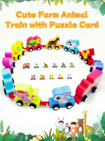 Toys for Toddlers, 11 Wooden Animals Train Set 2 Year 2-4 Boys 2, Preschool