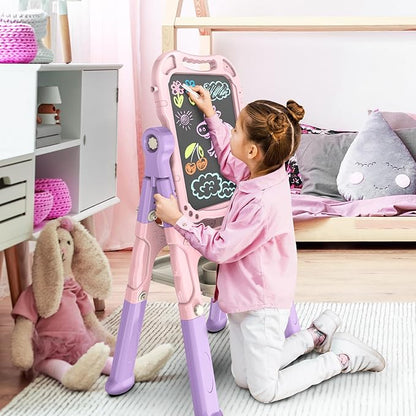 Amagoing Easel for Kids, Adjustable Standing Art Easel for Toddler, Double Magnetic Drawing Board with Painting Accessories, Birthday Christmas Gift for Little Boys and Girls, Middle Size Pink