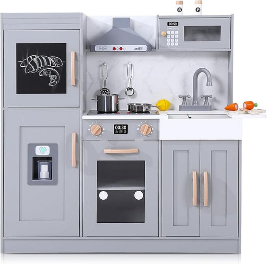 Wooden Play Kitchen, Kids Kitchen Playset with Microwave, Oven, Sink, Real Lights & Sounds,Wooden Chef Pretend Play Set for Boys and Girls