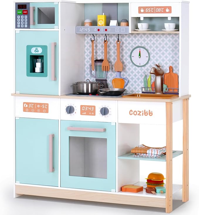 Wooden Play Kitchen for Kids Toddlers, Kitchen Playset with Stove, Oven, Sink, Fridge and Accessories Toy Kitchen Set with Plenty of Play Features, Kids Play Kitchen Designed, Gift for Ages 3+
