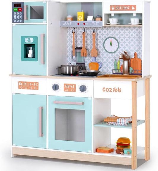 Wooden Play Kitchen for Kids Toddlers, Kitchen Playset with Stove, Oven, Sink, Fridge and Accessories Toy Kitchen Set with Plenty of Play Features, Kids Play Kitchen Designed, Gift for Ages 3+