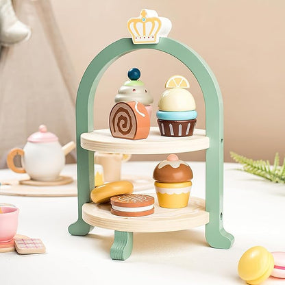 Wooden Dessert Cake Tea Party Set for Little Girls Toys, Pretend Play Kids Tea Set for Toddlers Wood Toys, Wooden Play Food Kitchen Accessories Sets for Kids