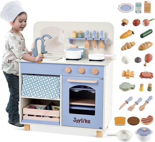 Wooden Kitchen Playset for Kids, Toddler Play Kitchen with 32Pcs Accessories Cutting Food Set, Stove & Water Sink, Pretend Play Toy for Kids Ages 3+