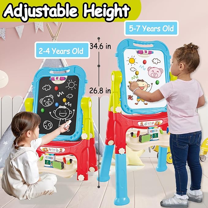 Toddler Art Easel Toys, Magnetic Chalk Board and White Board Easel for Kids with Painting Accessories, Rotatable Double Sided Easel, Birthday Gift for Boys and Girls