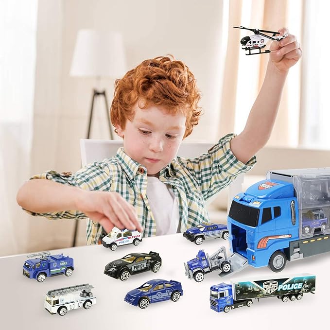Jenilily Police Car Toy Blue Truck Toy Transporter Mini Vehicles 3 4 5 6